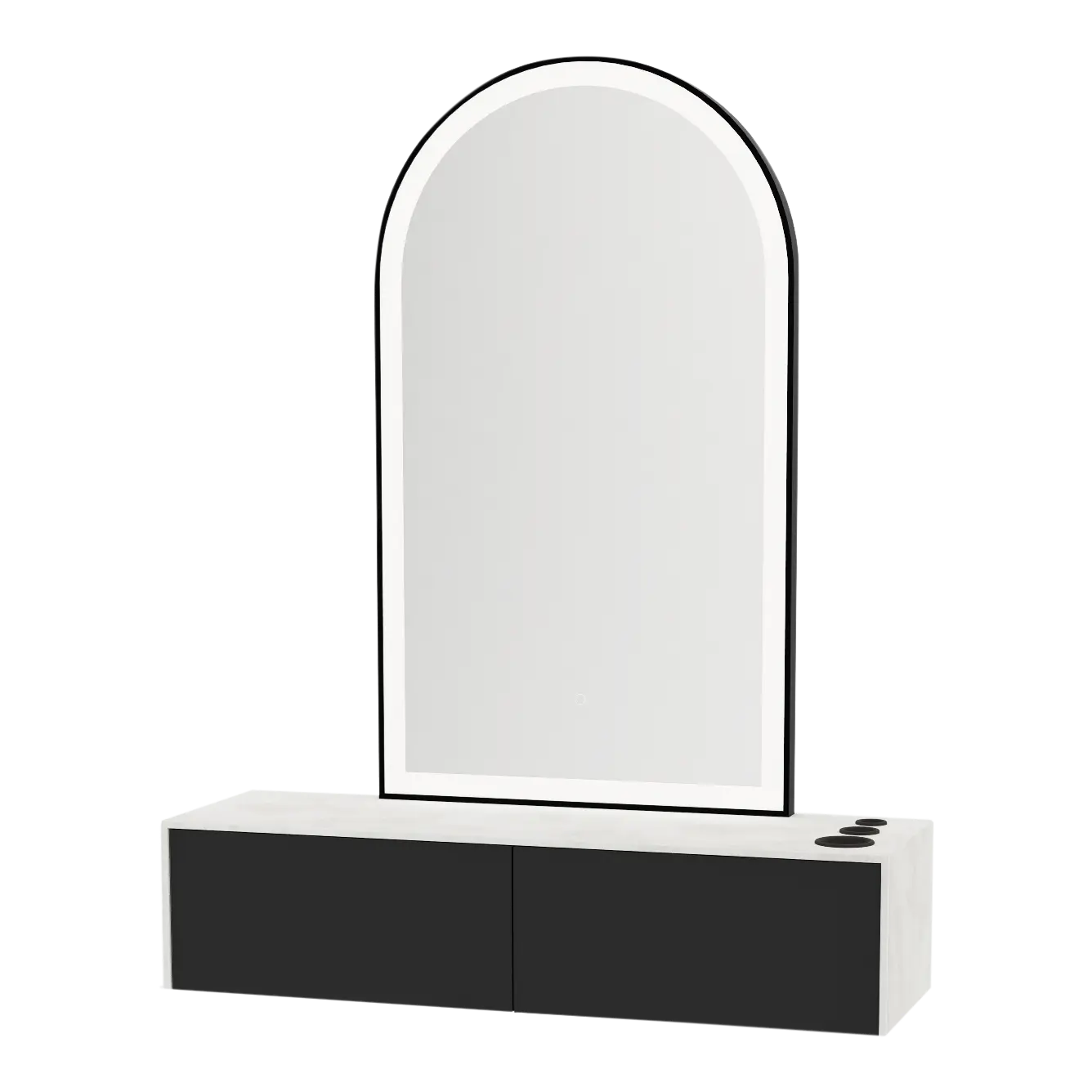 Glo Wall Mount Styling Station with Nestled Appliance Holder, Solid Surface Countertop, and Black Arch Paloma Mirror