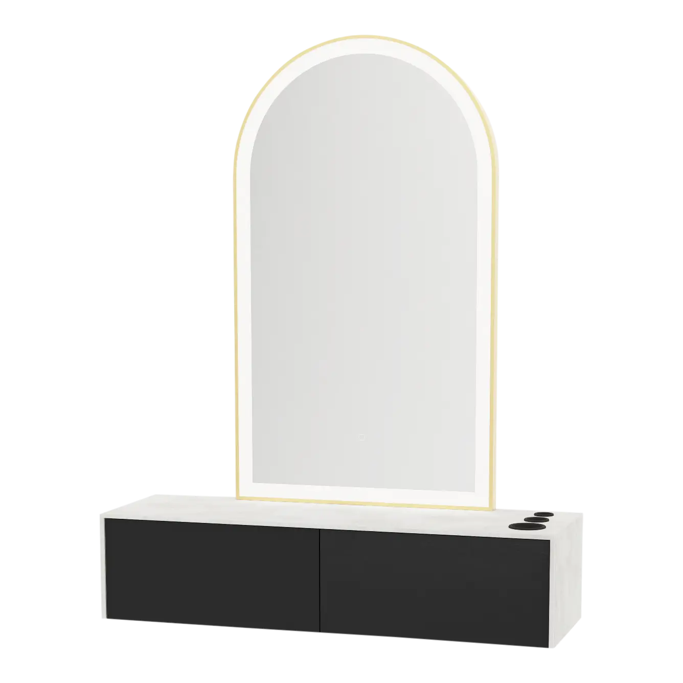 Glo Wall Mount Styling Station with Nestled Appliance Holder, Solid Surface Countertop, and Gold Arch Paloma Mirror