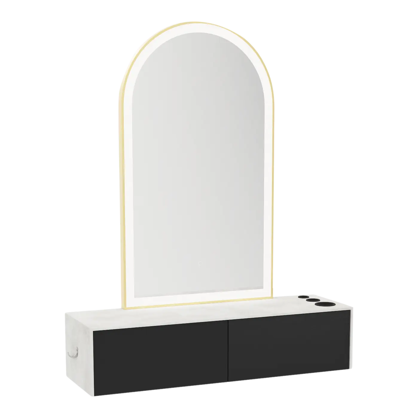 Glo Wall Mount Styling Station with Nestled Appliance Holder, Solid Surface Countertop, and Gold Arch Paloma Mirror