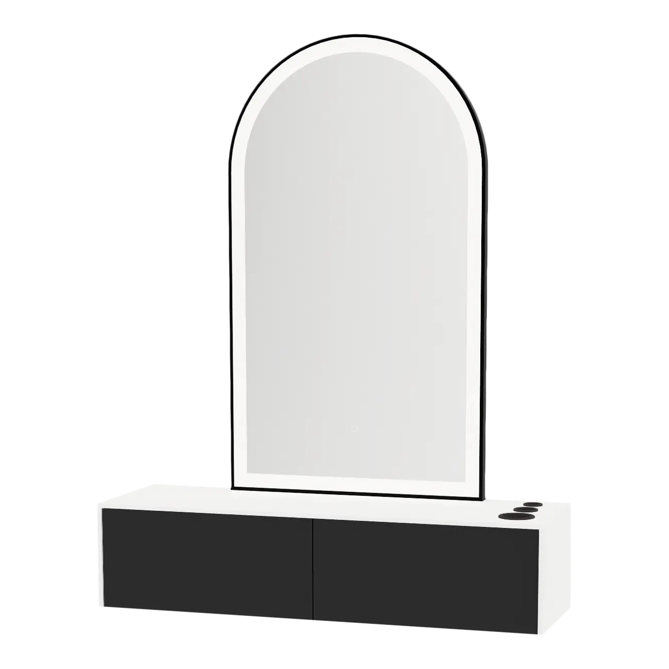 Glo Wall Mount Styling Station with Nestled Appliance Holder, Solid Surface Countertop, and Black Arch Paloma Mirror