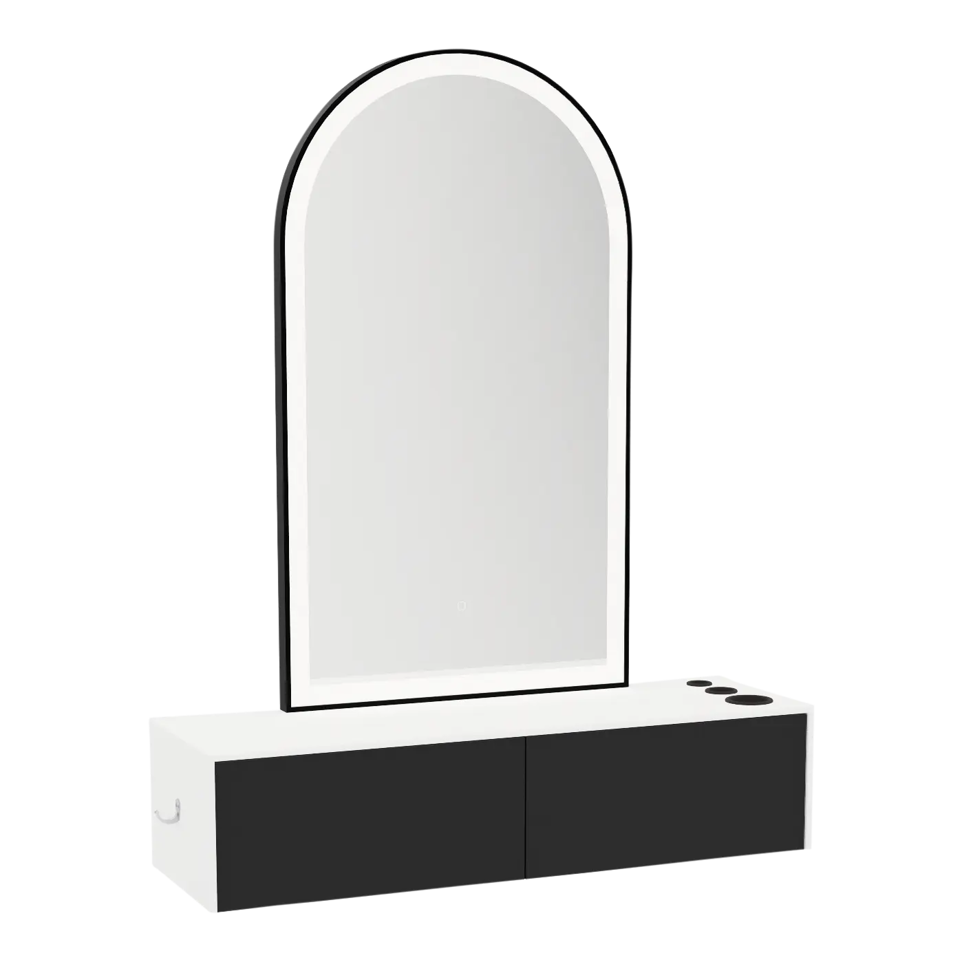 Glo Wall Mount Styling Station with Nestled Appliance Holder, Solid Surface Countertop, and Black Arch Paloma Mirror