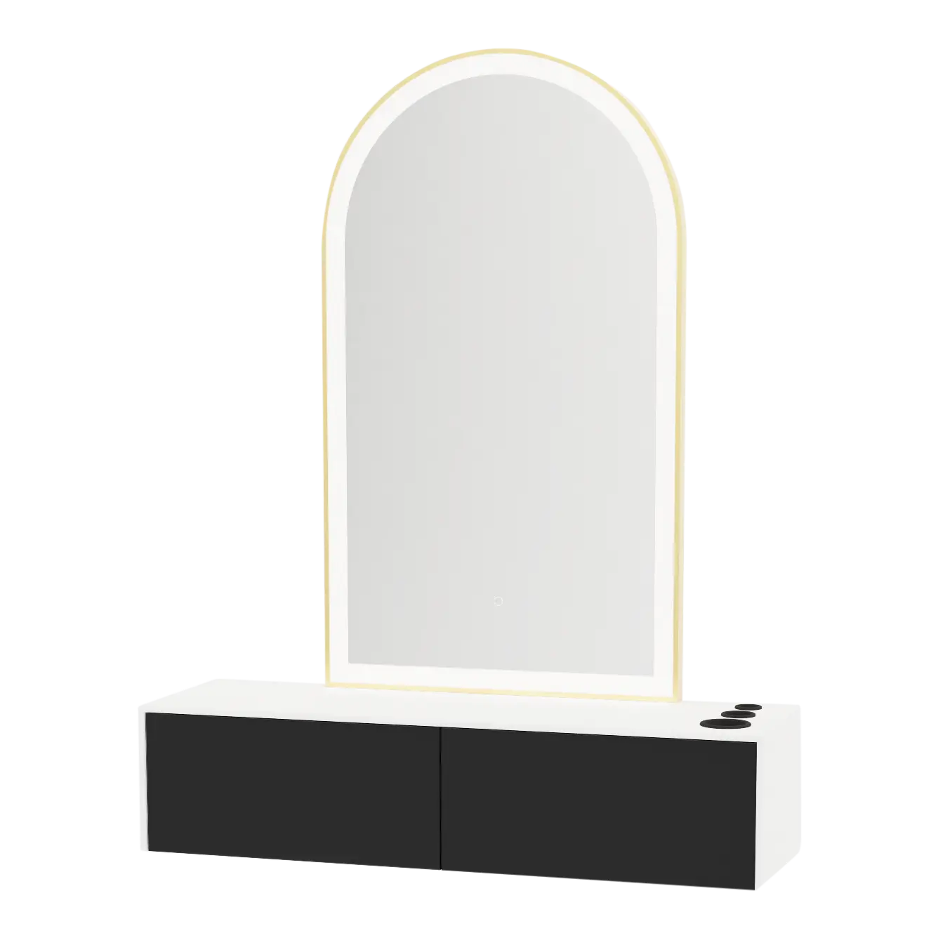 Glo Wall Mount Styling Station with Nestled Appliance Holder, Solid Surface Countertop, and Gold Arch Paloma Mirror