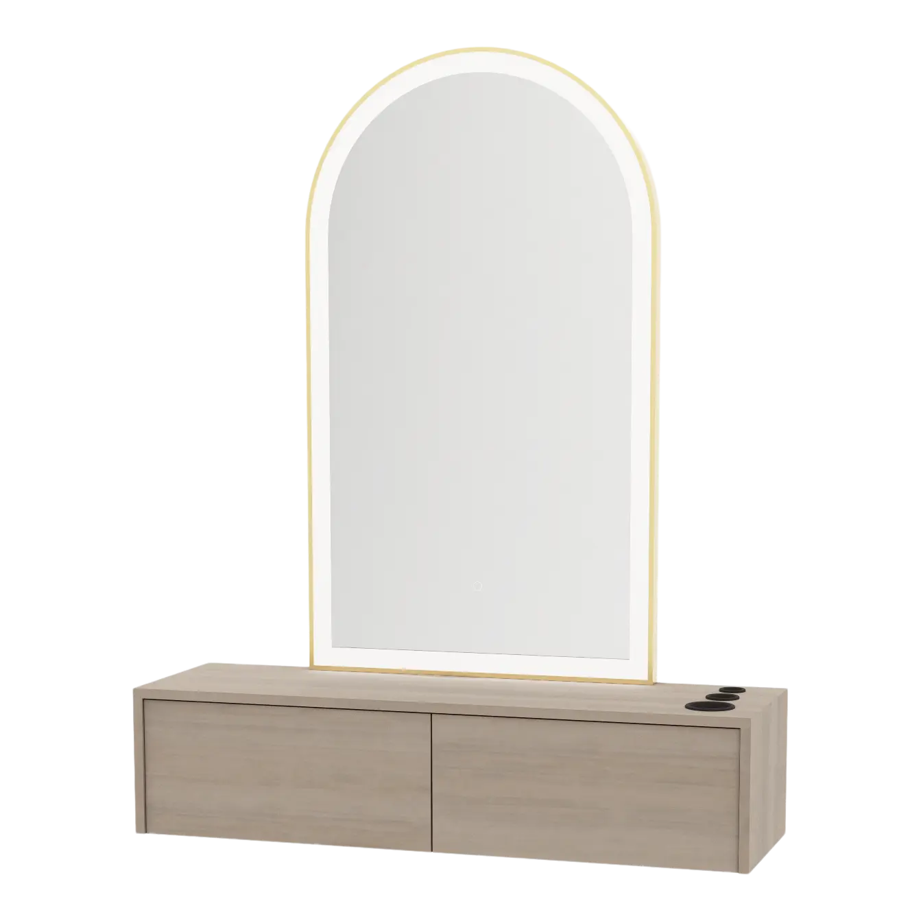 Glo Wall Mount Styling Station with Nestled Appliance Holder and Gold Arch Paloma Mirror