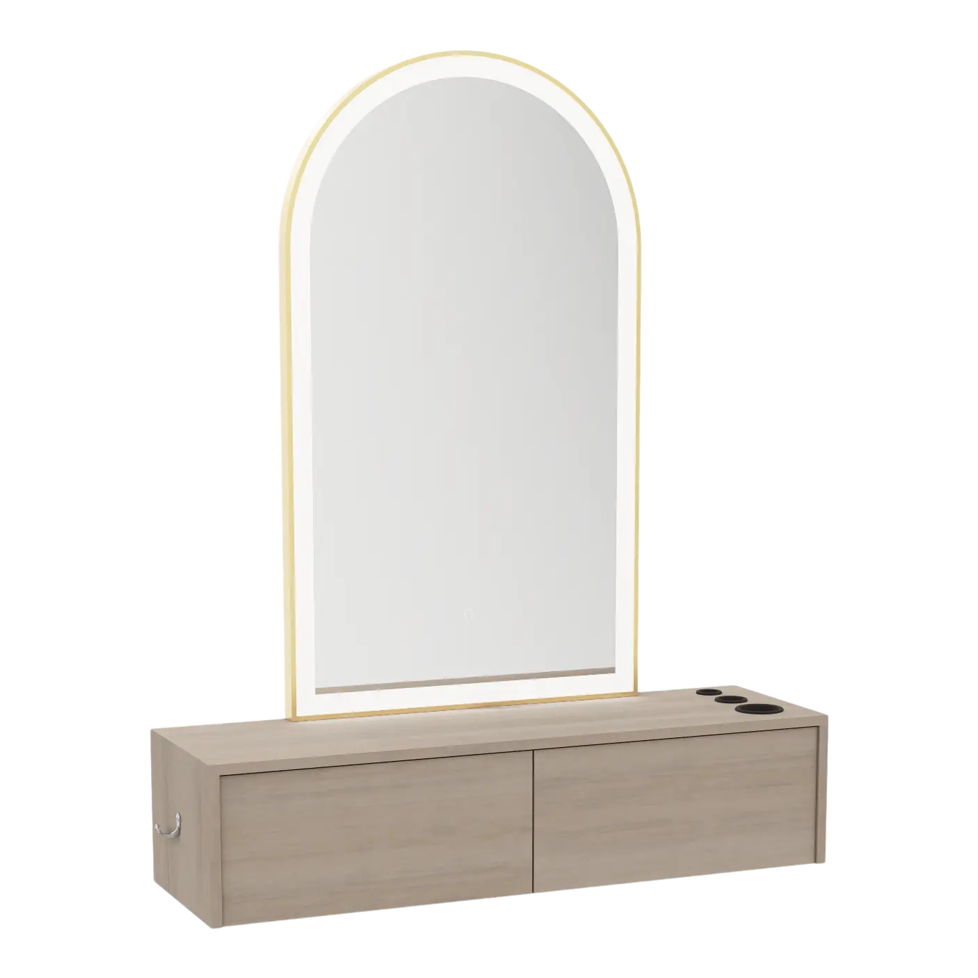 Glo Wall Mount Styling Station with Nestled Appliance Holder and Gold Arch Paloma Mirror