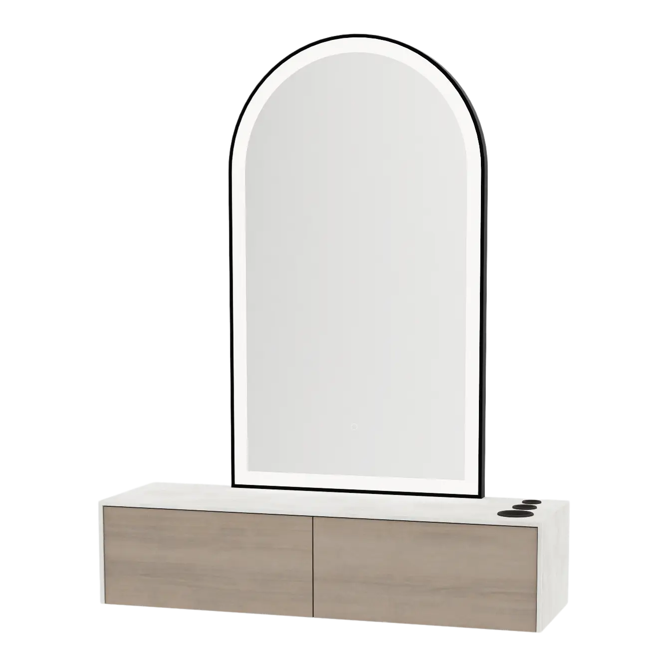 Glo Wall Mount Styling Station with Nestled Appliance Holder, Solid Surface Countertop, and Black Arch Paloma Mirror