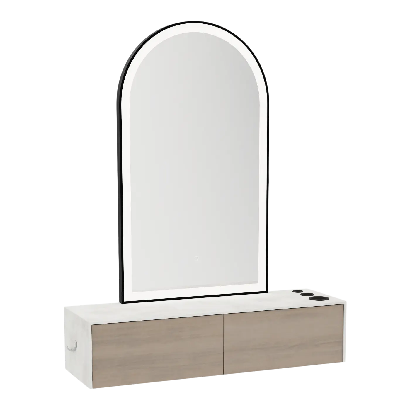 Glo Wall Mount Styling Station with Nestled Appliance Holder, Solid Surface Countertop, and Black Arch Paloma Mirror