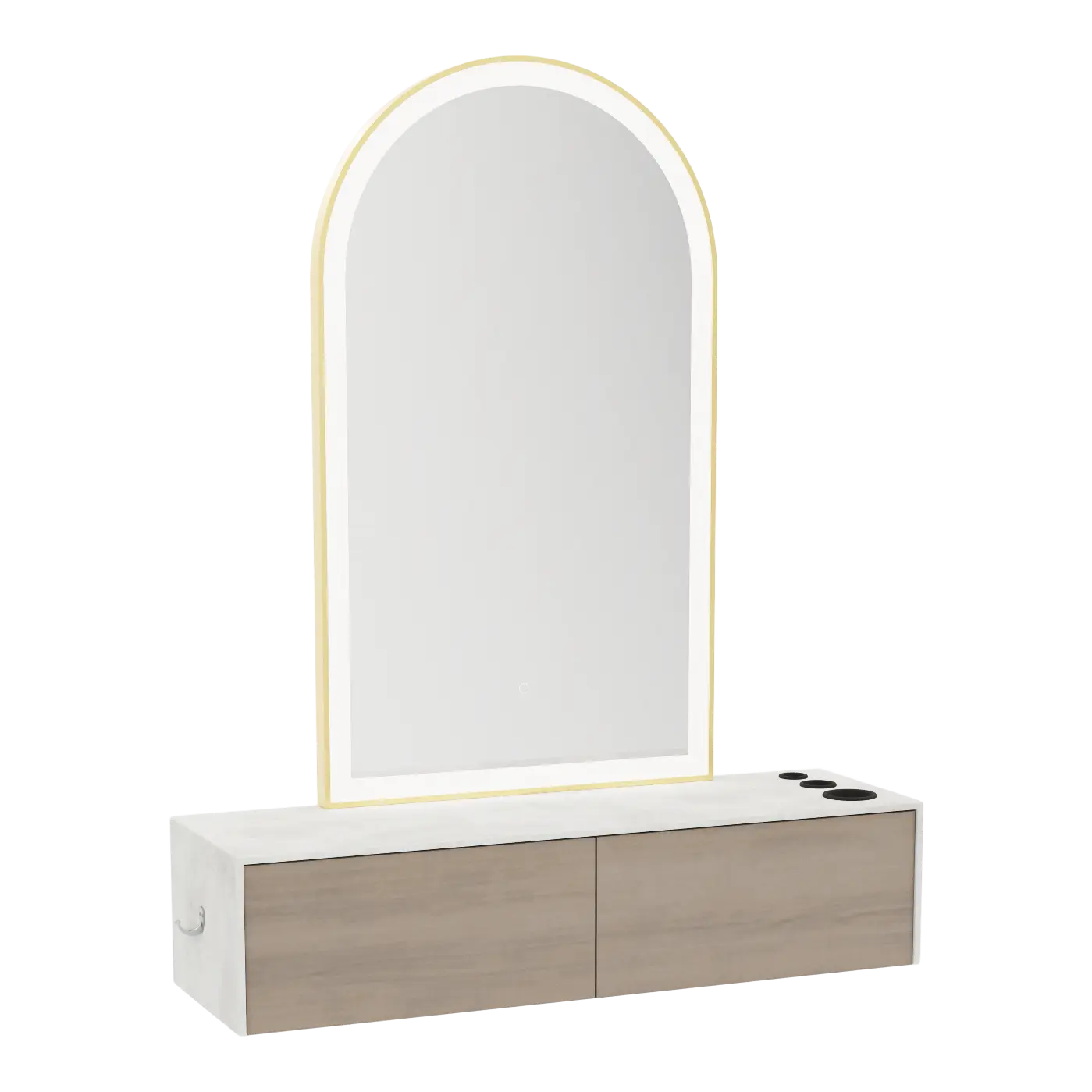 Glo Wall Mount Styling Station with Nestled Appliance Holder, Solid Surface Countertop, and Gold Arch Paloma Mirror
