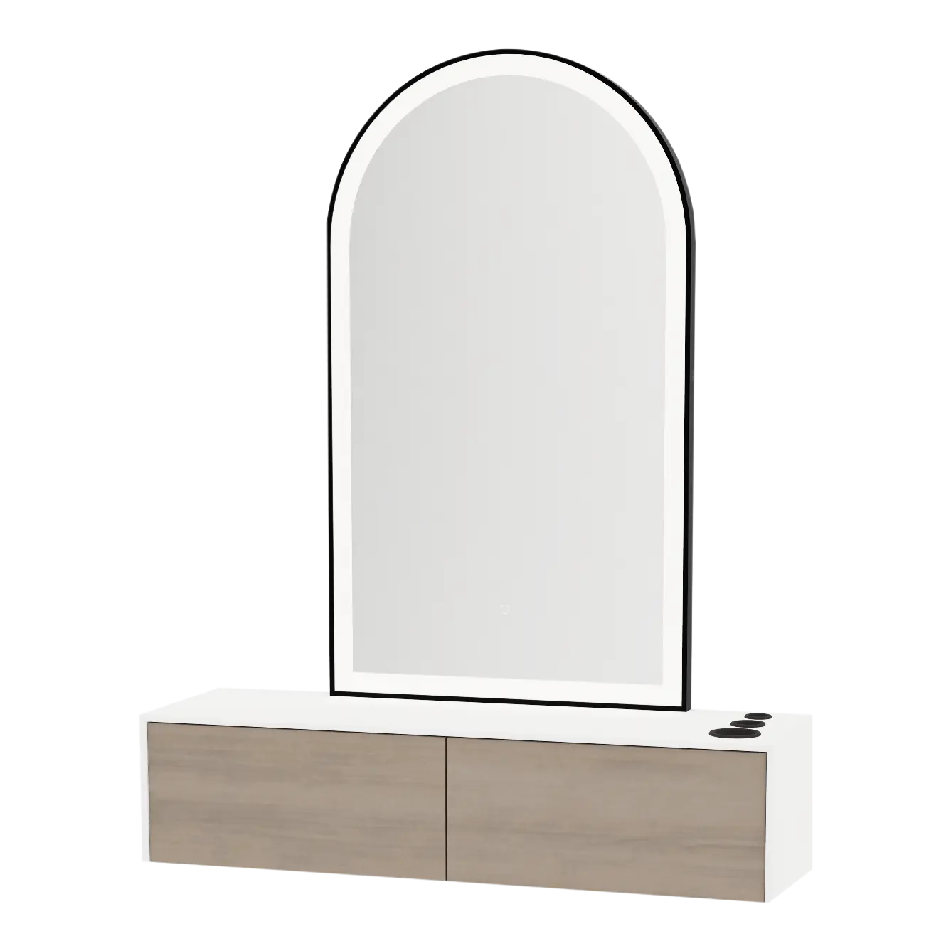 Glo Wall Mount Styling Station with Nestled Appliance Holder, Solid Surface Countertop, and Black Arch Paloma Mirror