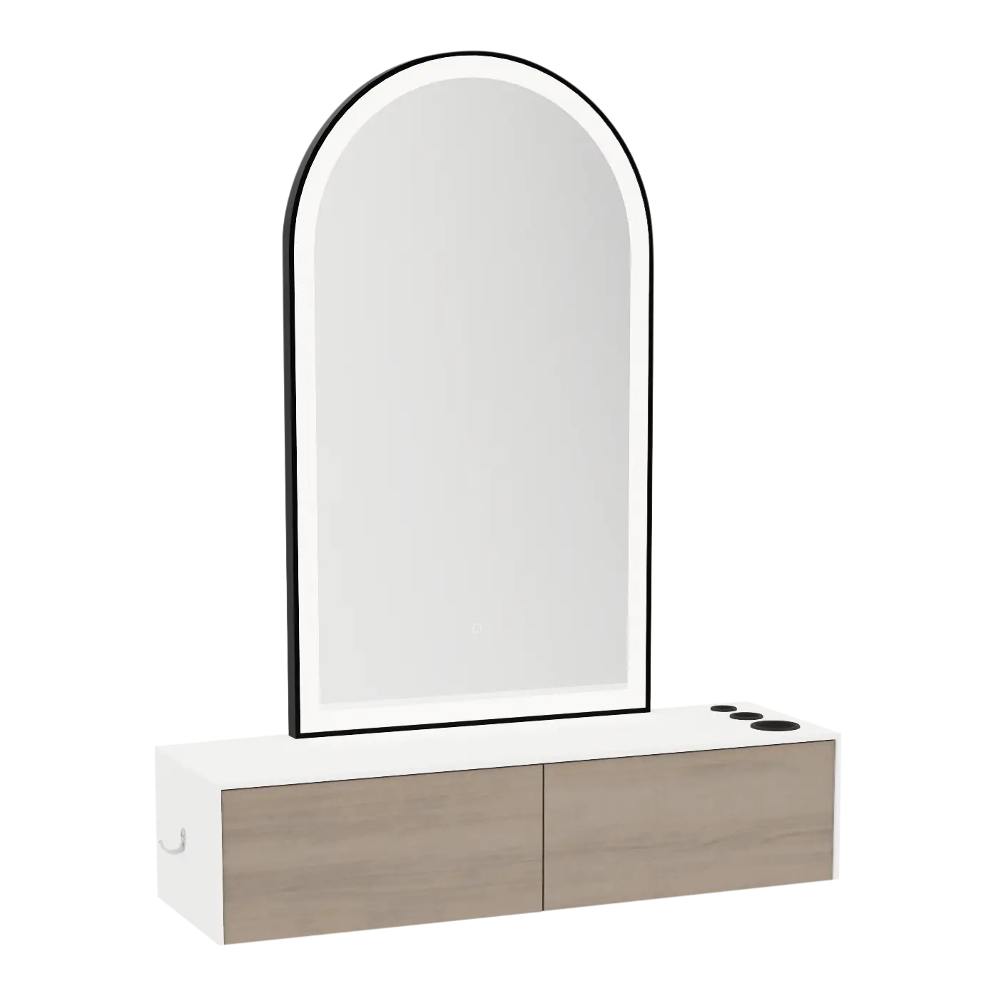 Glo Wall Mount Styling Station with Nestled Appliance Holder, Solid Surface Countertop, and Black Arch Paloma Mirror