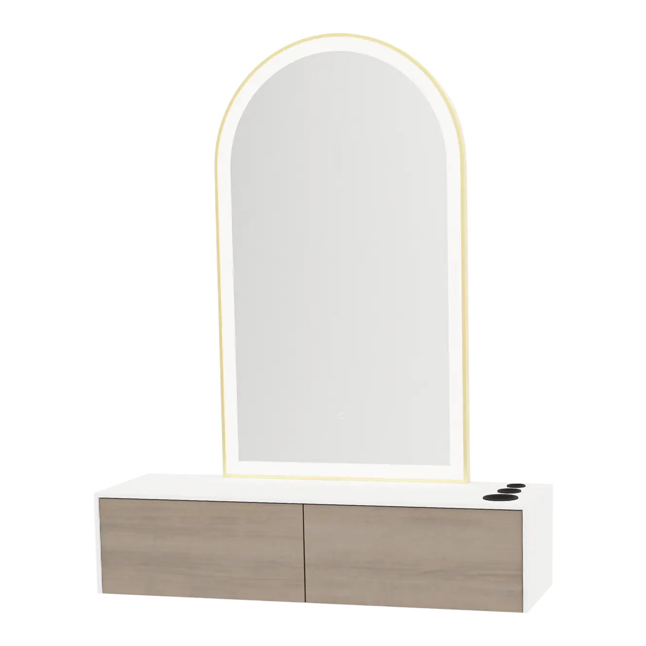 Glo Wall Mount Styling Station with Nestled Appliance Holder, Solid Surface Countertop, and Gold Arch Paloma Mirror