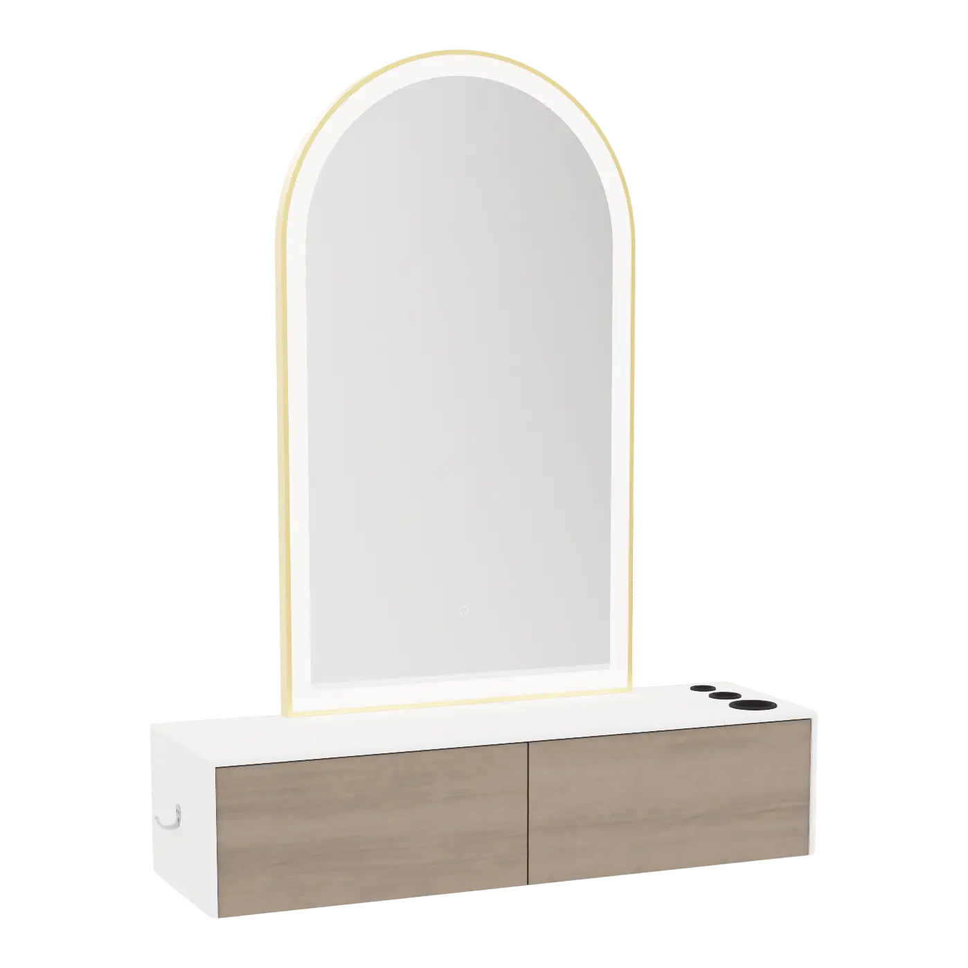 Glo Wall Mount Styling Station with Nestled Appliance Holder, Solid Surface Countertop, and Gold Arch Paloma Mirror