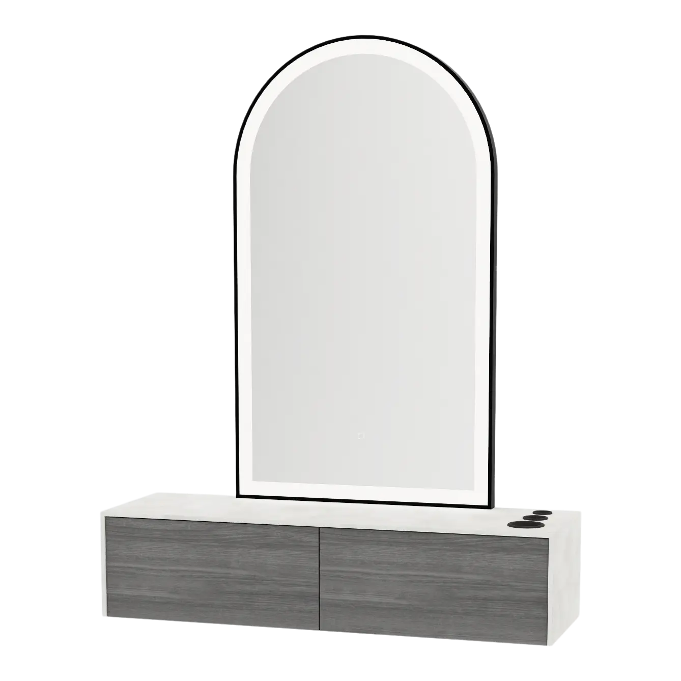 Glo Wall Mount Styling Station with Nestled Appliance Holder, Solid Surface Countertop, and Black Arch Paloma Mirror