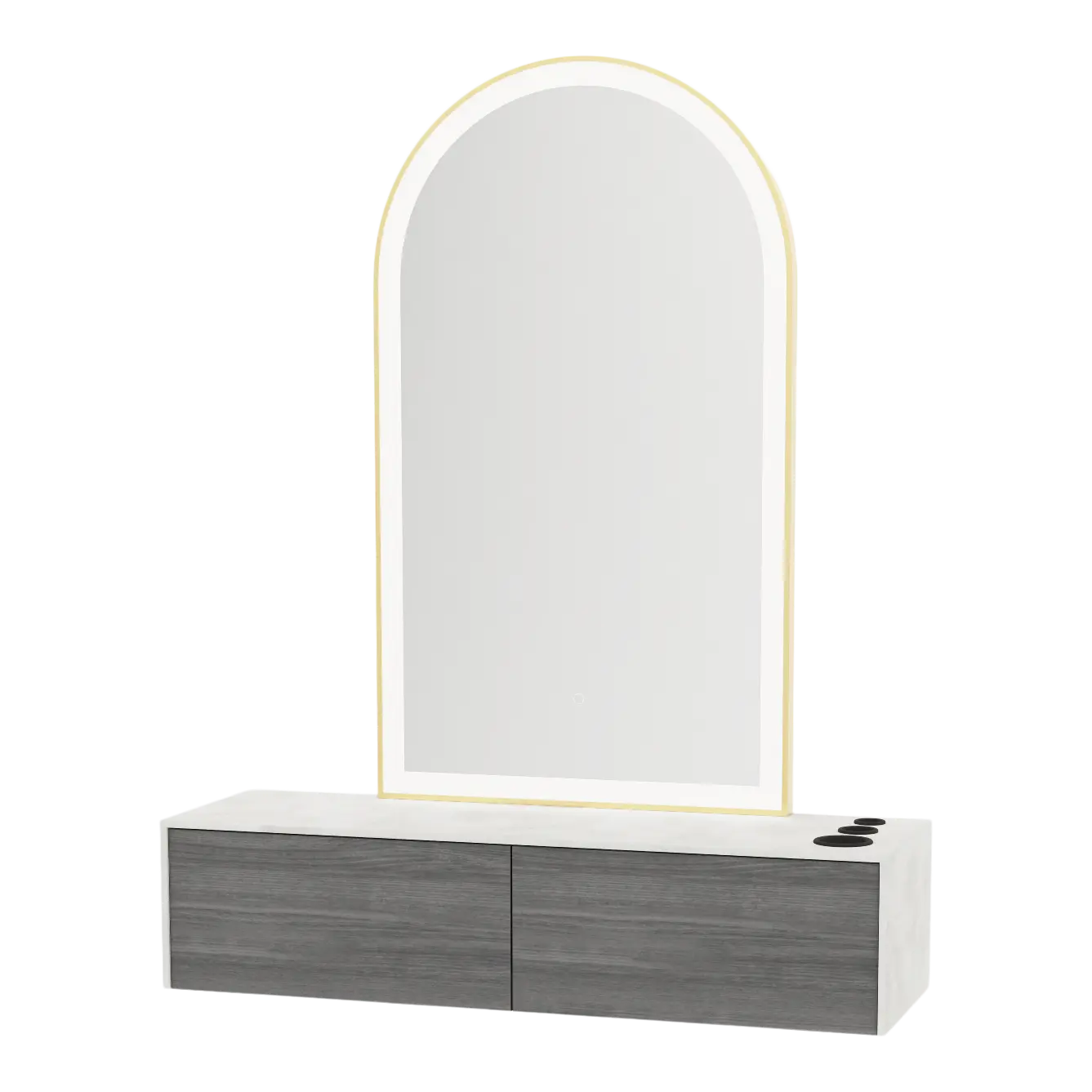 Glo Wall Mount Styling Station with Nestled Appliance Holder, Solid Surface Countertop, and Gold Arch Paloma Mirror