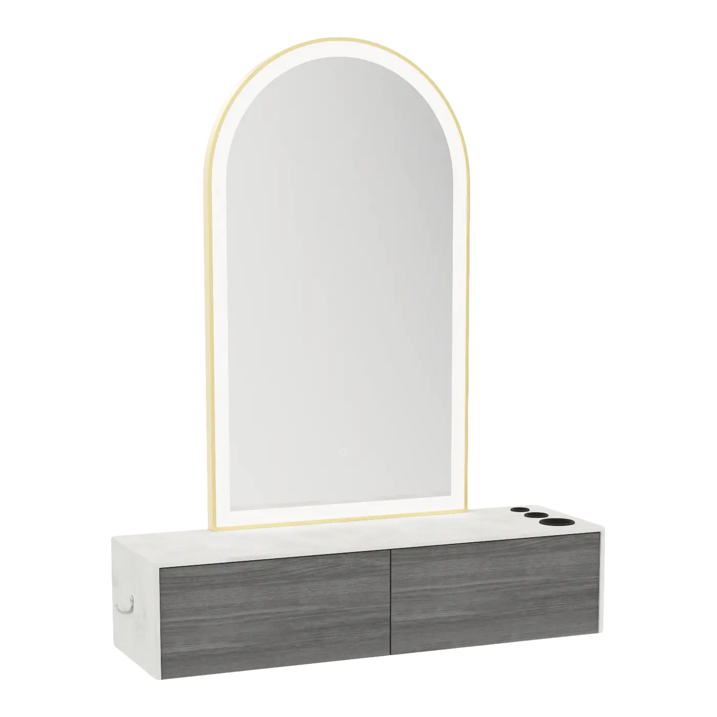 Glo Wall Mount Styling Station with Nestled Appliance Holder, Solid Surface Countertop, and Gold Arch Paloma Mirror