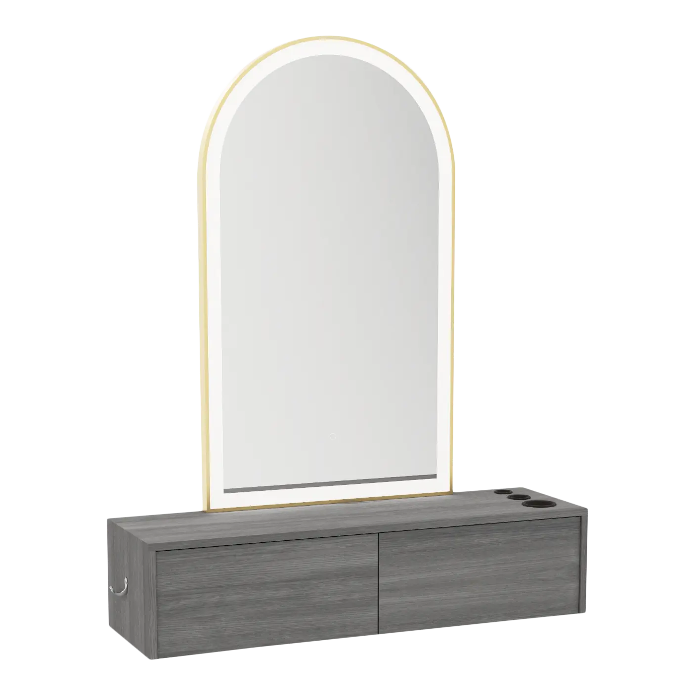 Glo Wall Mount Styling Station with Nestled Appliance Holder and Gold Arch Paloma Mirror