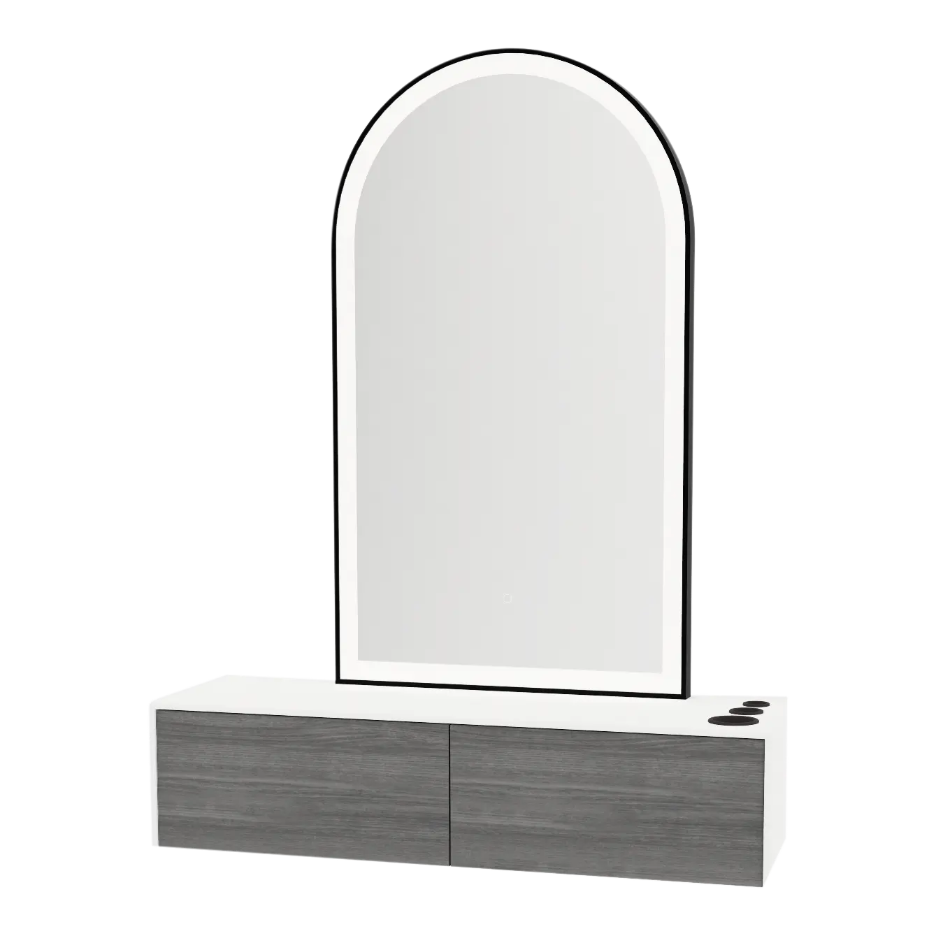 Glo Wall Mount Styling Station with Nestled Appliance Holder, Solid Surface Countertop, and Black Arch Paloma Mirror