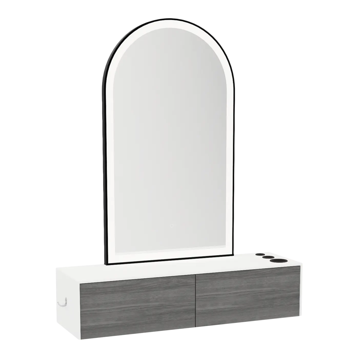 Glo Wall Mount Styling Station with Nestled Appliance Holder, Solid Surface Countertop, and Black Arch Paloma Mirror