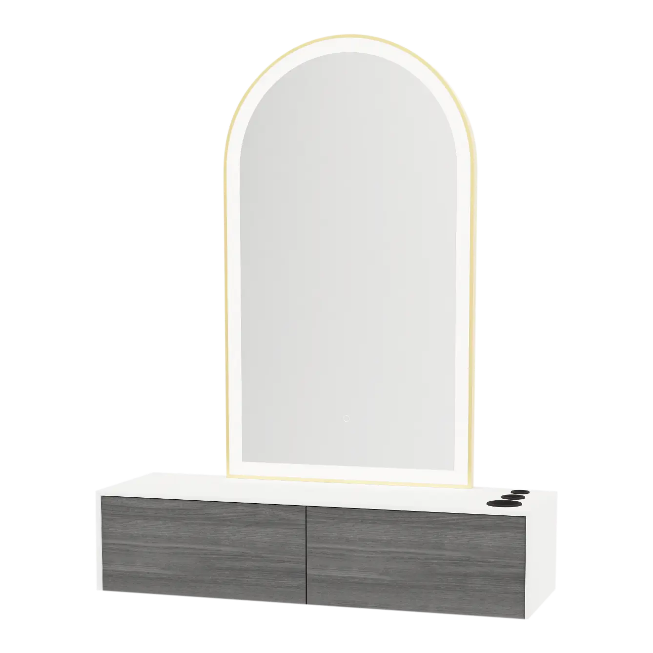Glo Wall Mount Styling Station with Nestled Appliance Holder, Solid Surface Countertop, and Gold Arch Paloma Mirror