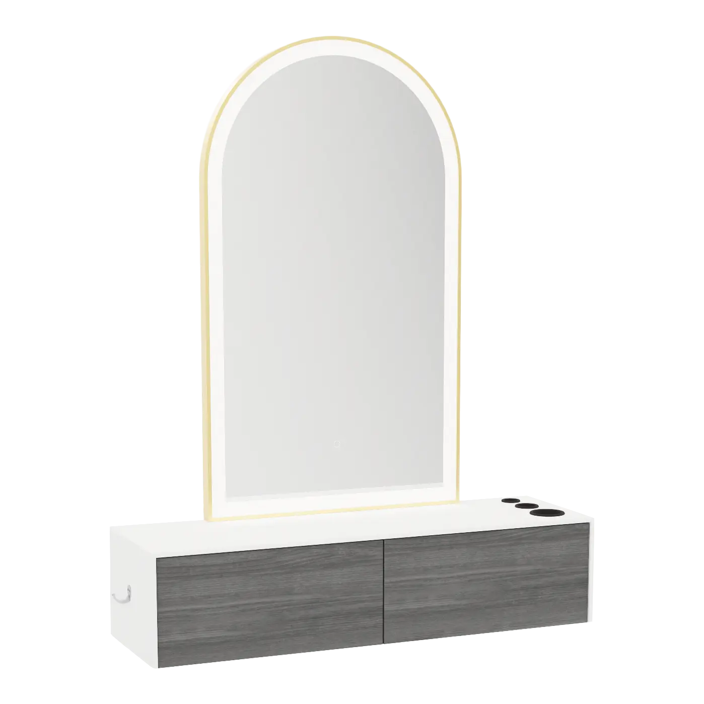 Glo Wall Mount Styling Station with Nestled Appliance Holder, Solid Surface Countertop, and Gold Arch Paloma Mirror