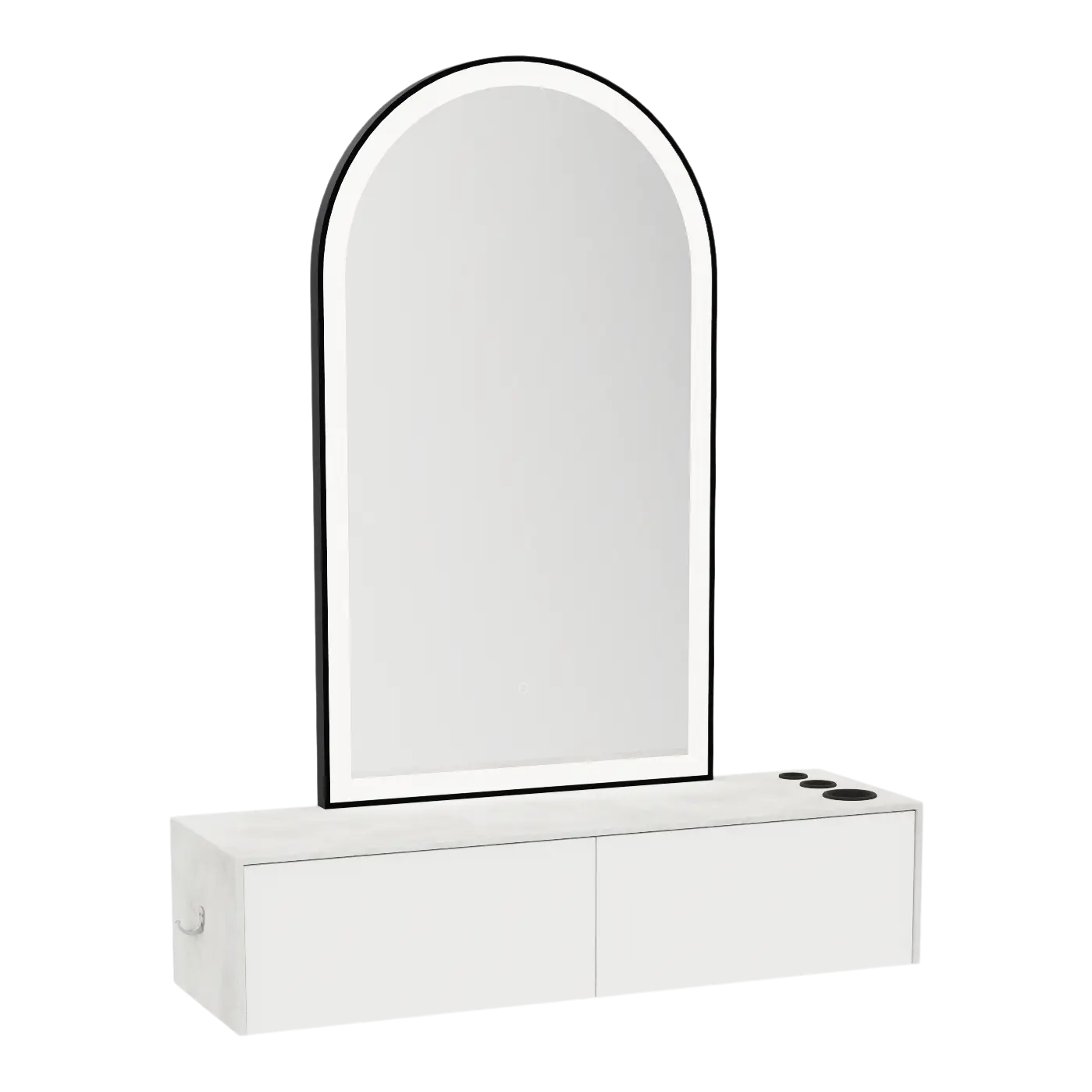 Glo Wall Mount Styling Station with Nestled Appliance Holder, Solid Surface Countertop, and Black Arch Paloma Mirror