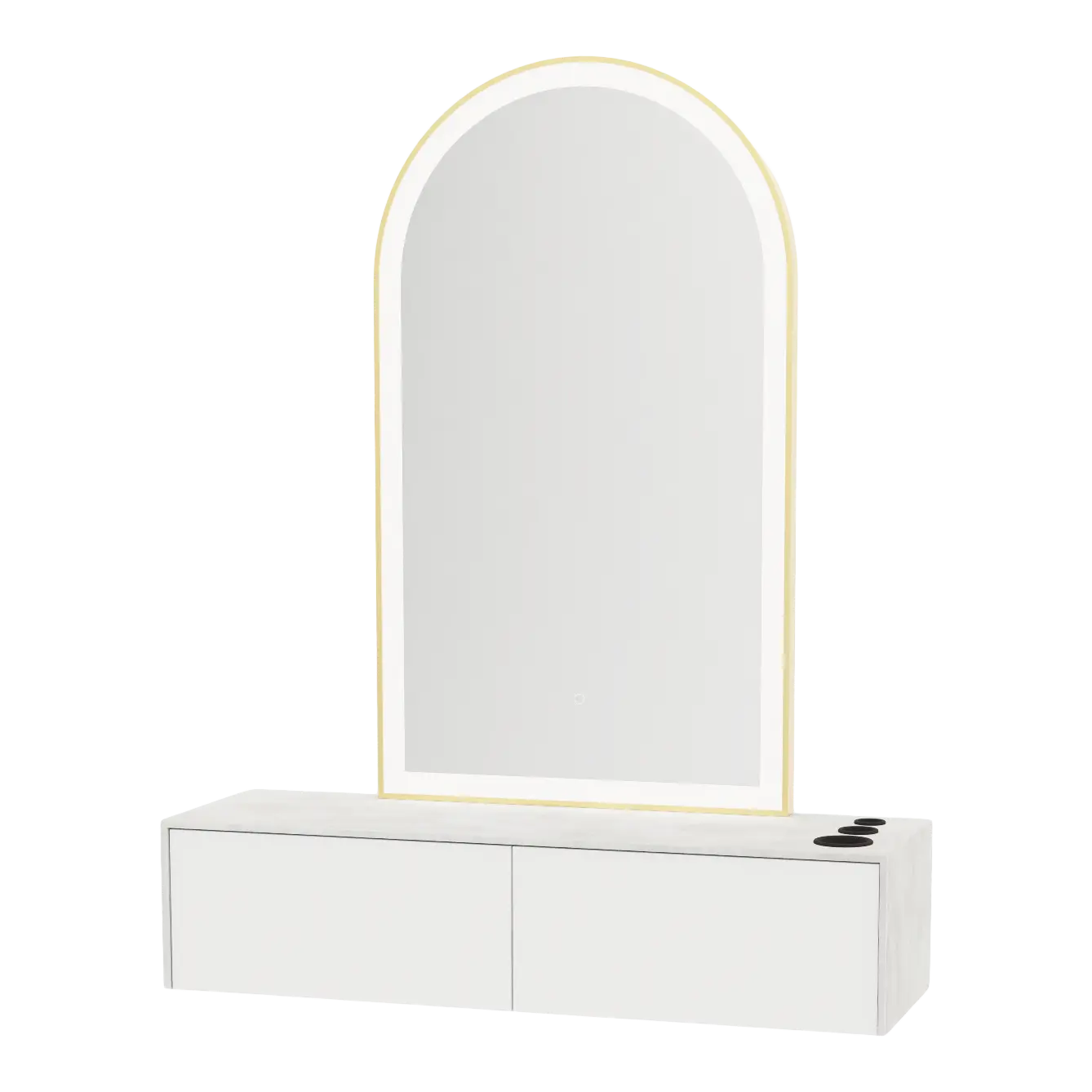 Glo Wall Mount Styling Station with Nestled Appliance Holder, Solid Surface Countertop, and Gold Arch Paloma Mirror
