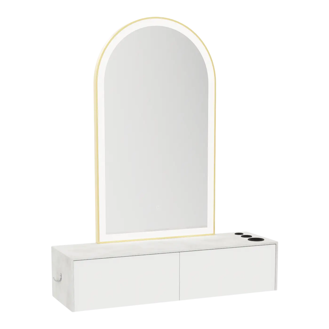 Glo Wall Mount Styling Station with Nestled Appliance Holder, Solid Surface Countertop, and Gold Arch Paloma Mirror