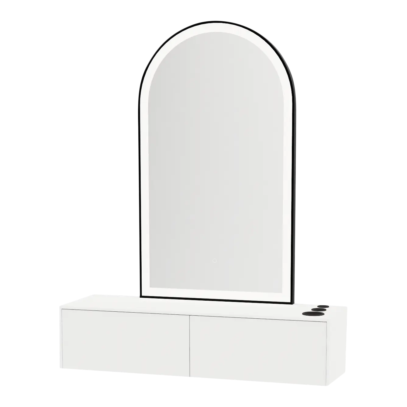 Glo Wall Mount Styling Station with Nestled Appliance Holder, Solid Surface Countertop, and Black Arch Paloma Mirror