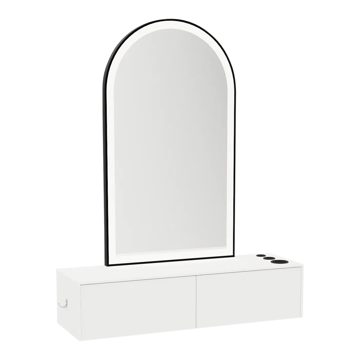 Glo Wall Mount Styling Station with Nestled Appliance Holder, Solid Surface Countertop, and Black Arch Paloma Mirror