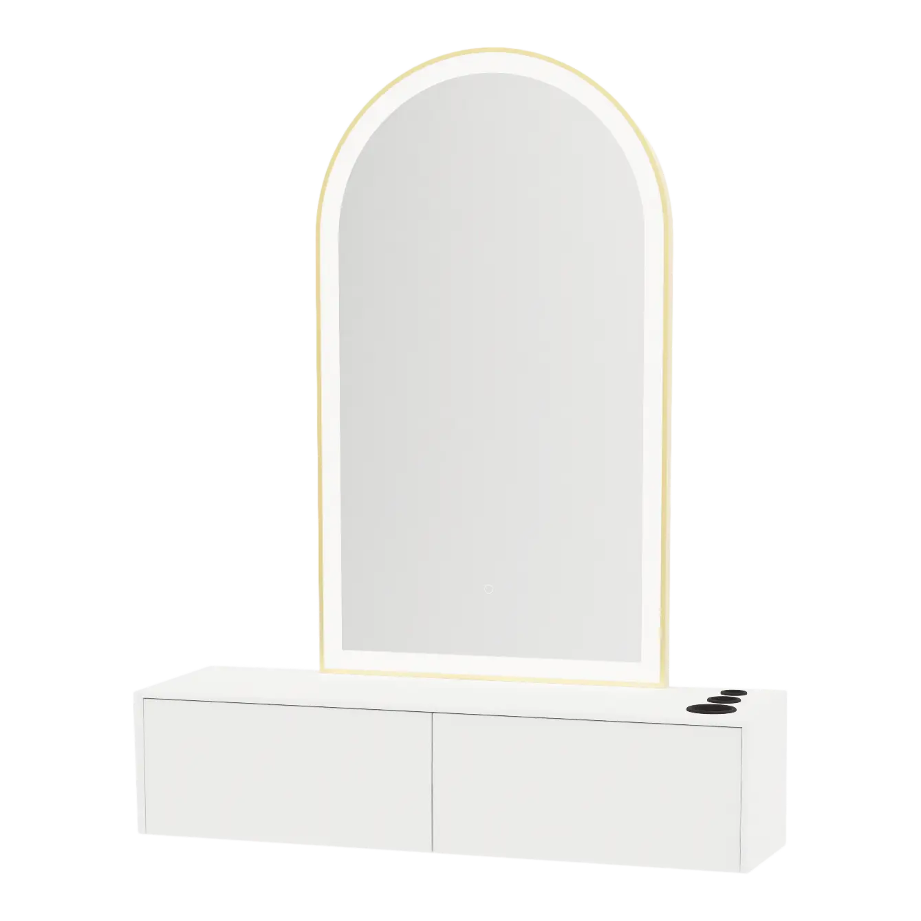 Glo Wall Mount Styling Station with Nestled Appliance Holder, Solid Surface Countertop, and Gold Arch Paloma Mirror