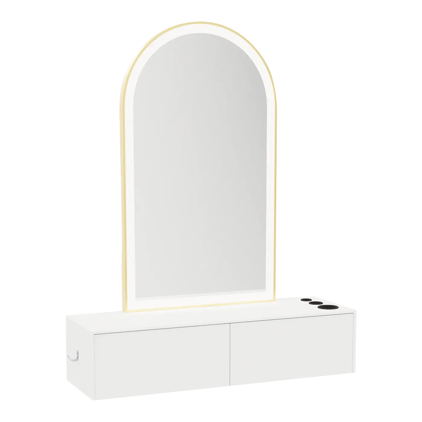 Glo Wall Mount Styling Station with Nestled Appliance Holder, Solid Surface Countertop, and Gold Arch Paloma Mirror