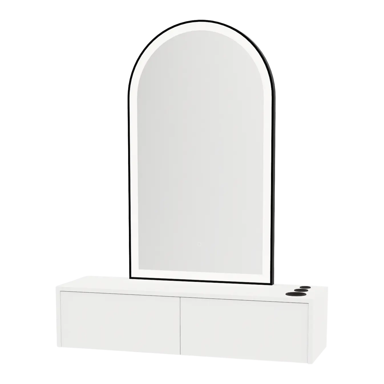 Glo Wall Mount Styling Station with Nestled Appliance Holder and Black Arch Paloma Mirror