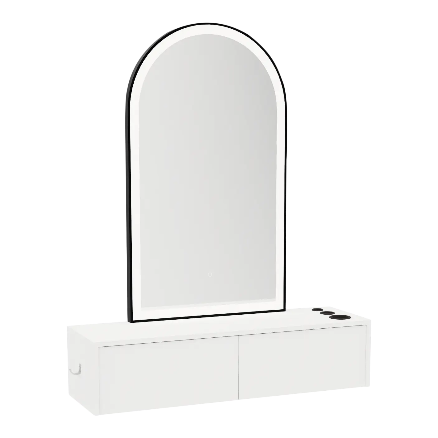 Glo Wall Mount Styling Station with Nestled Appliance Holder and Black Arch Paloma Mirror