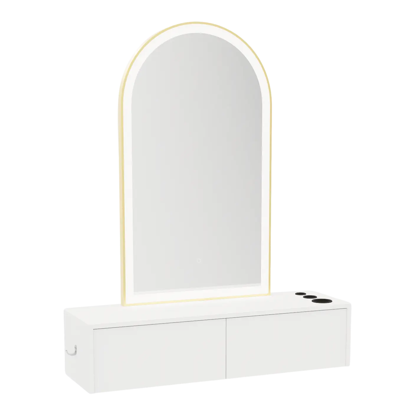 Glo Wall Mount Styling Station with Nestled Appliance Holder and Gold Arch Paloma Mirror