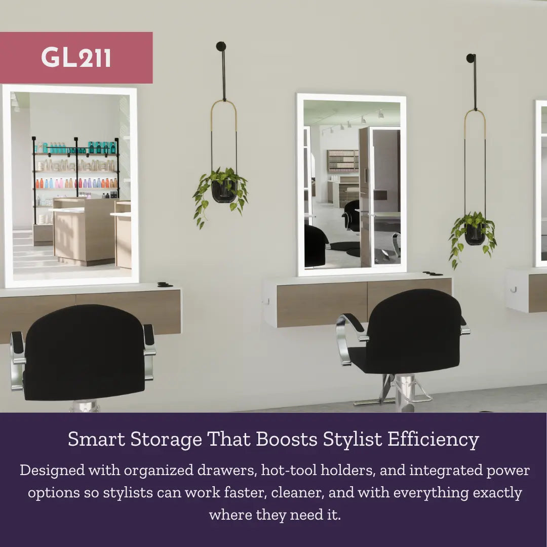 Glo Wall Mount Styling Station with Nestled Appliance Holder and Silver Rectangle Glo Mirror