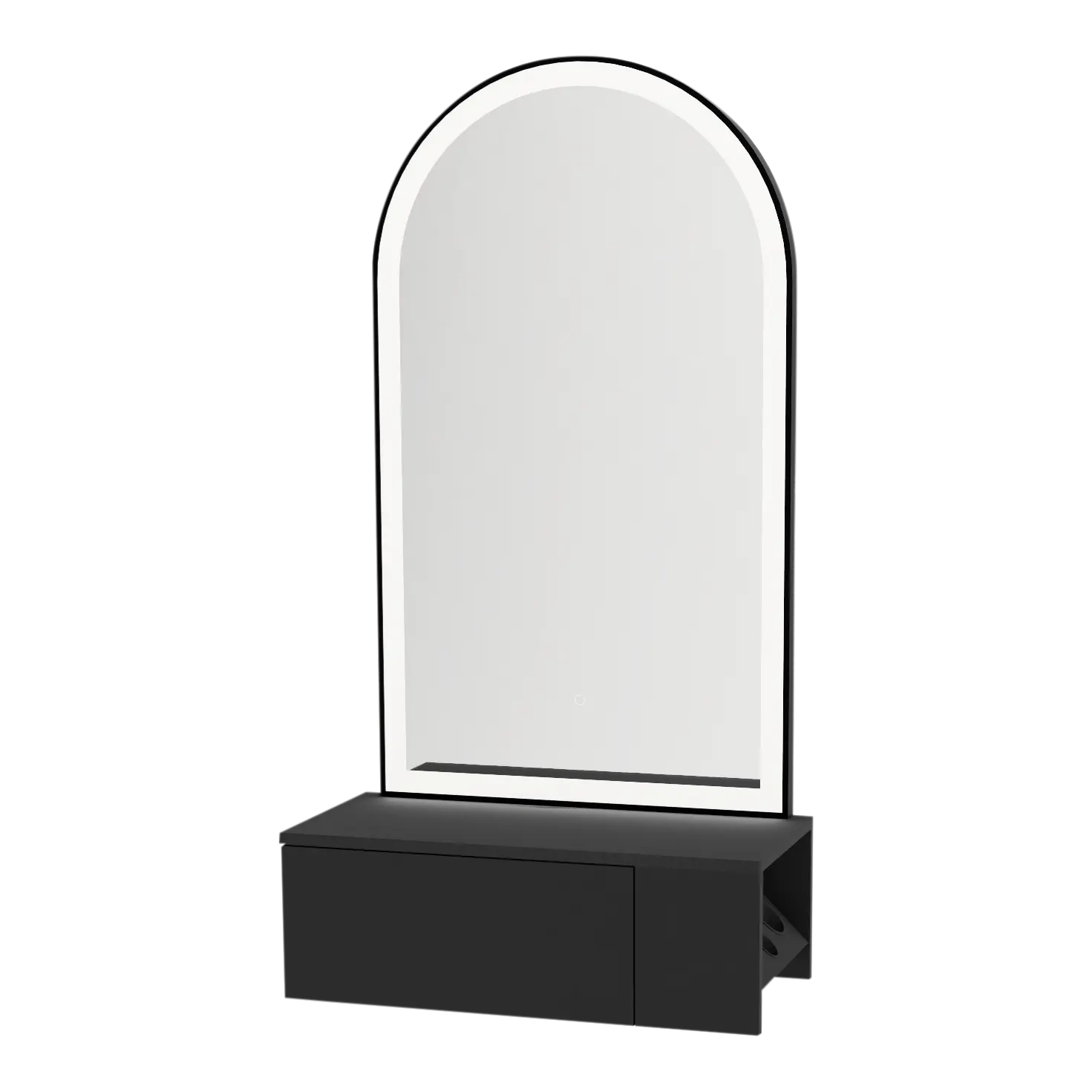 Glo Wall Mount Styling Station with Concealed Appliance Holder and Black Arch Paloma Mirror