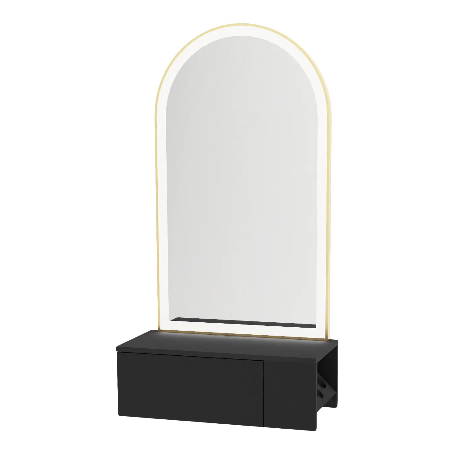 Glo Wall Mount Styling Station with Concealed Appliance Holder and Gold Arch Paloma Mirror