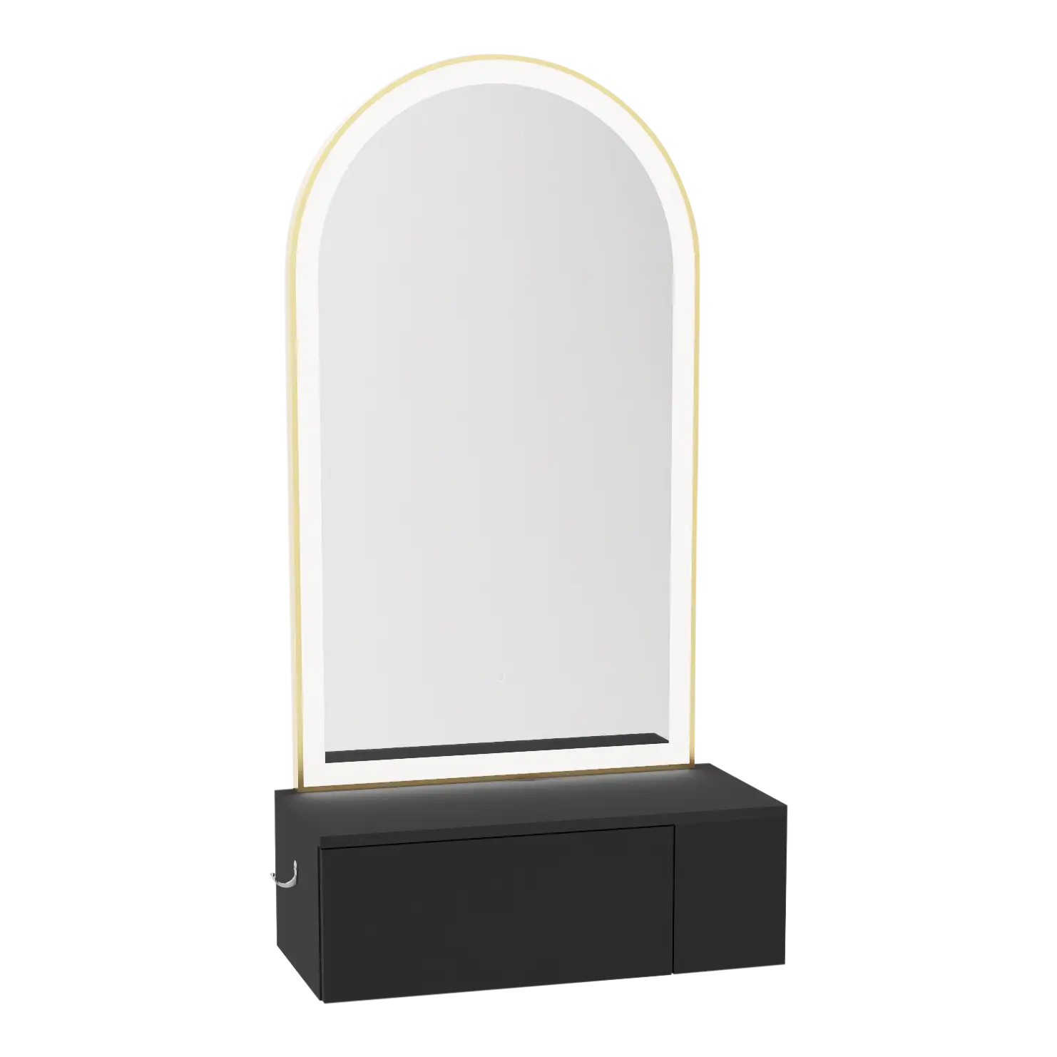 Glo Wall Mount Styling Station with Concealed Appliance Holder and Gold Arch Paloma Mirror