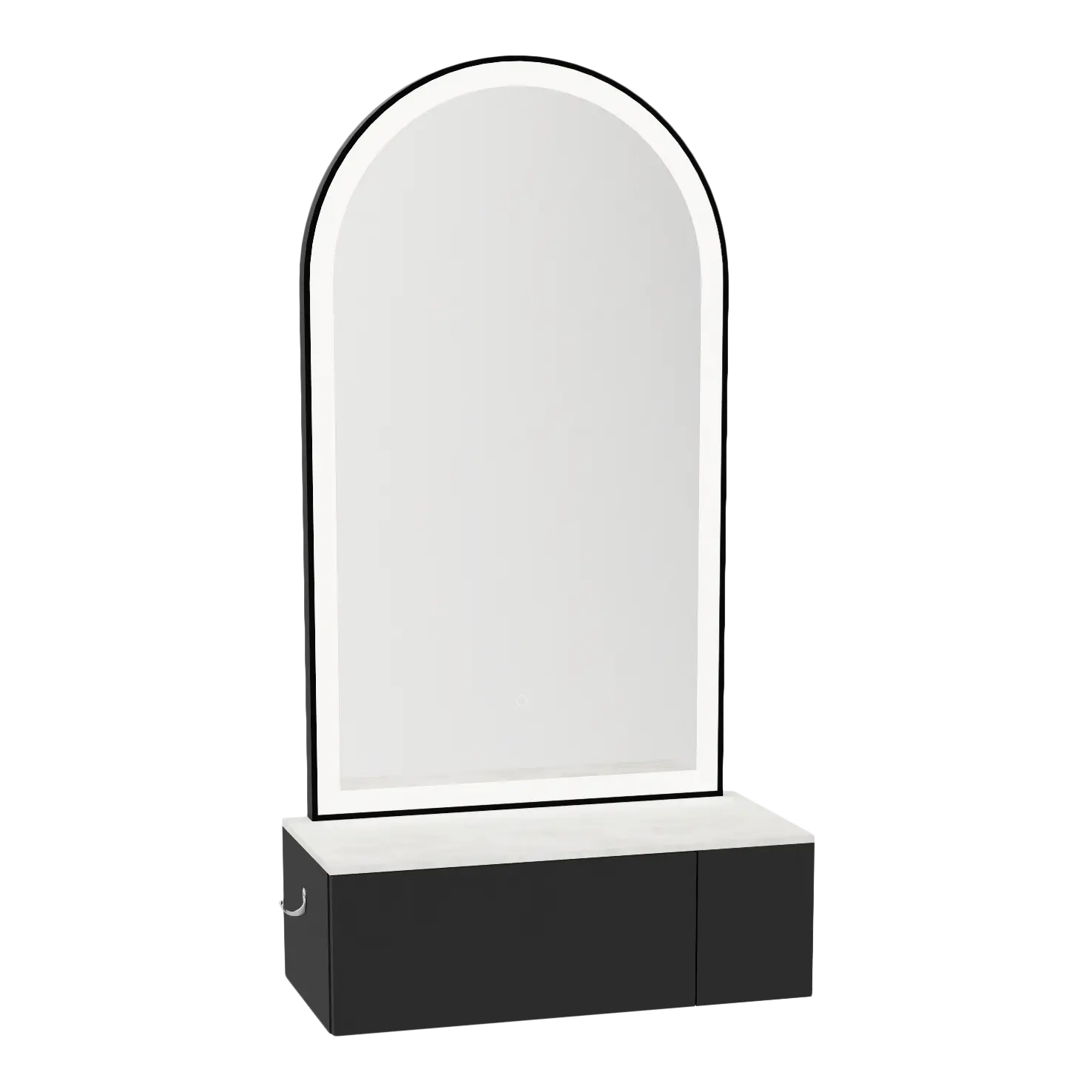 Glo Wall Mount Styling Station with Concealed Appliance Holder, Solid Surface Countertop, and Black Arch Paloma Mirror