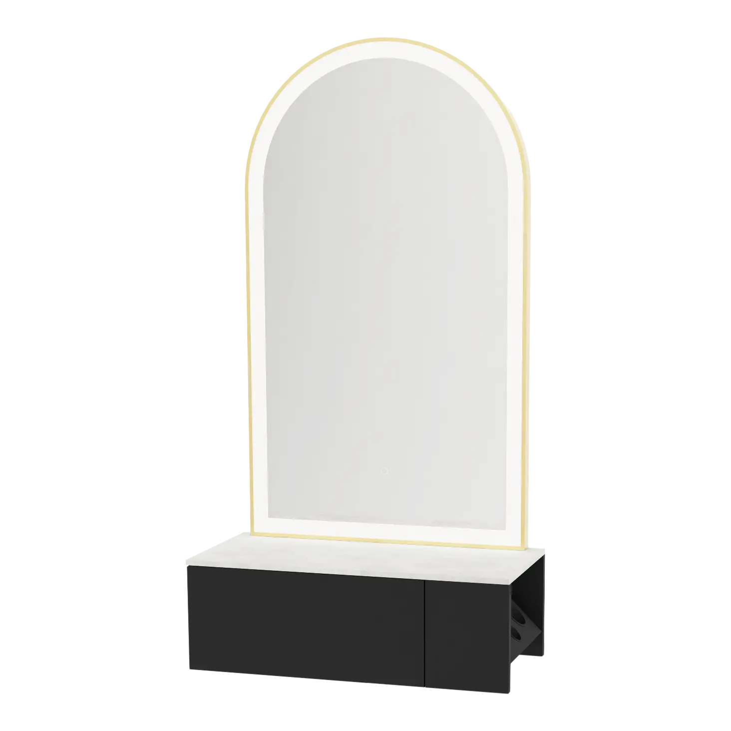 Glo Wall Mount Styling Station with Concealed Appliance Holder, Solid Surface Countertop, and Gold Arch Paloma Mirror