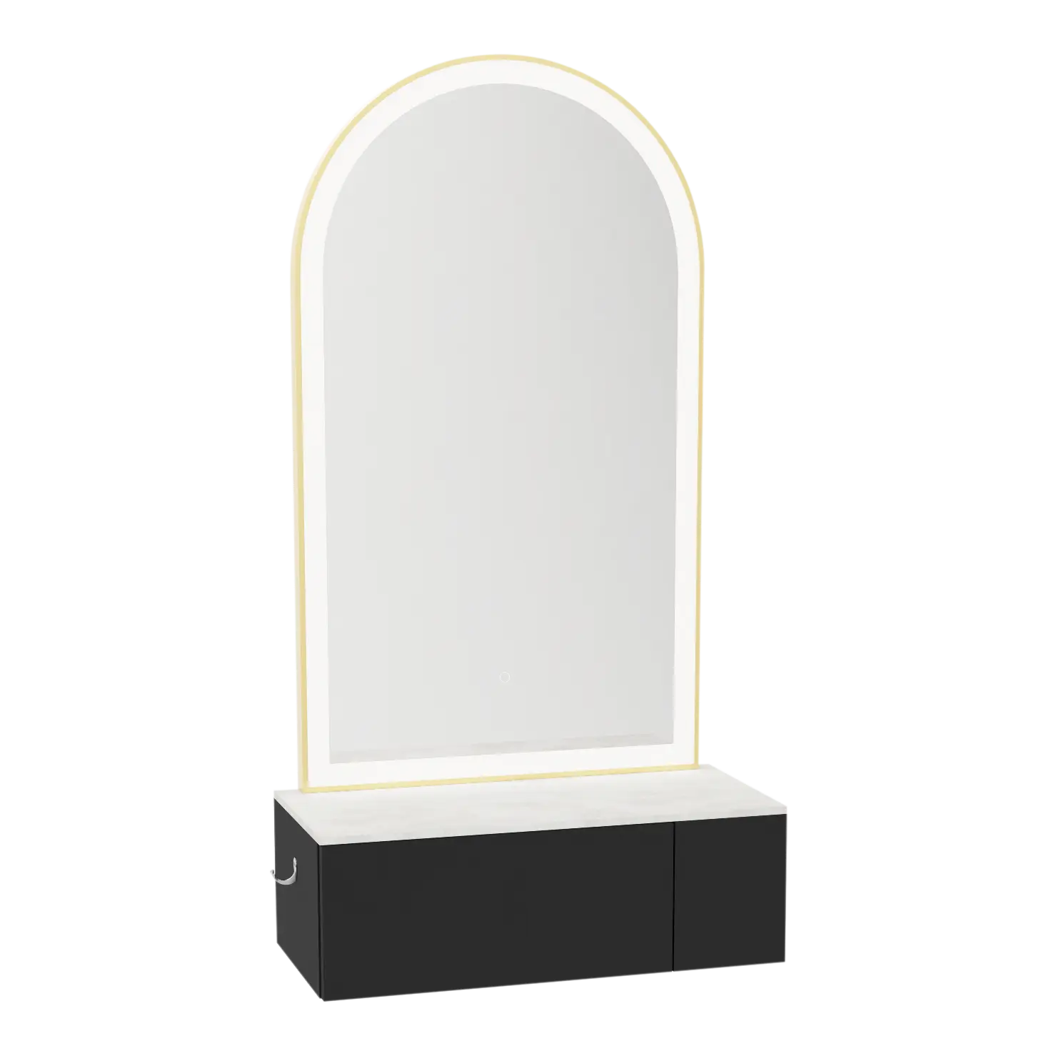 Glo Wall Mount Styling Station with Concealed Appliance Holder, Solid Surface Countertop, and Gold Arch Paloma Mirror