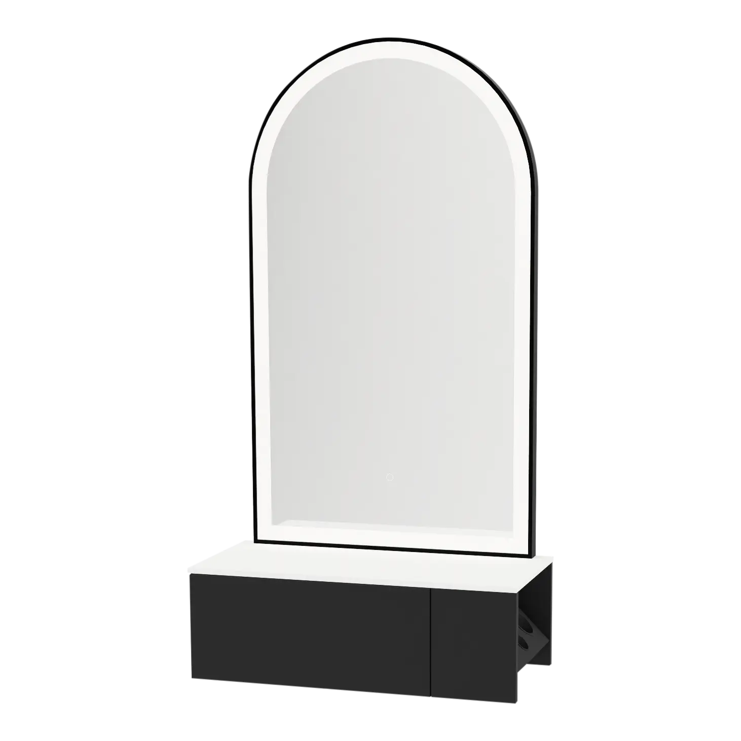 Glo Wall Mount Styling Station with Concealed Appliance Holder, Solid Surface Countertop, and Black Arch Paloma Mirror