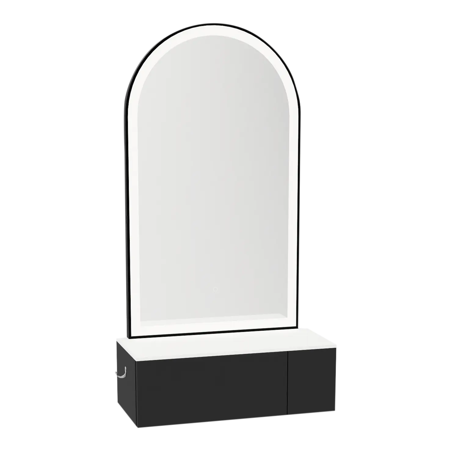 Glo Wall Mount Styling Station with Concealed Appliance Holder, Solid Surface Countertop, and Black Arch Paloma Mirror