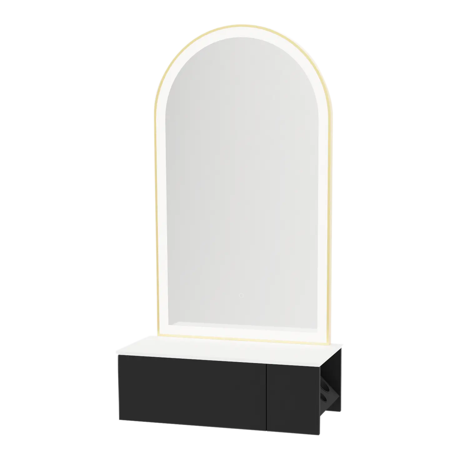 Glo Wall Mount Styling Station with Concealed Appliance Holder, Solid Surface Countertop, and Gold Arch Paloma Mirror