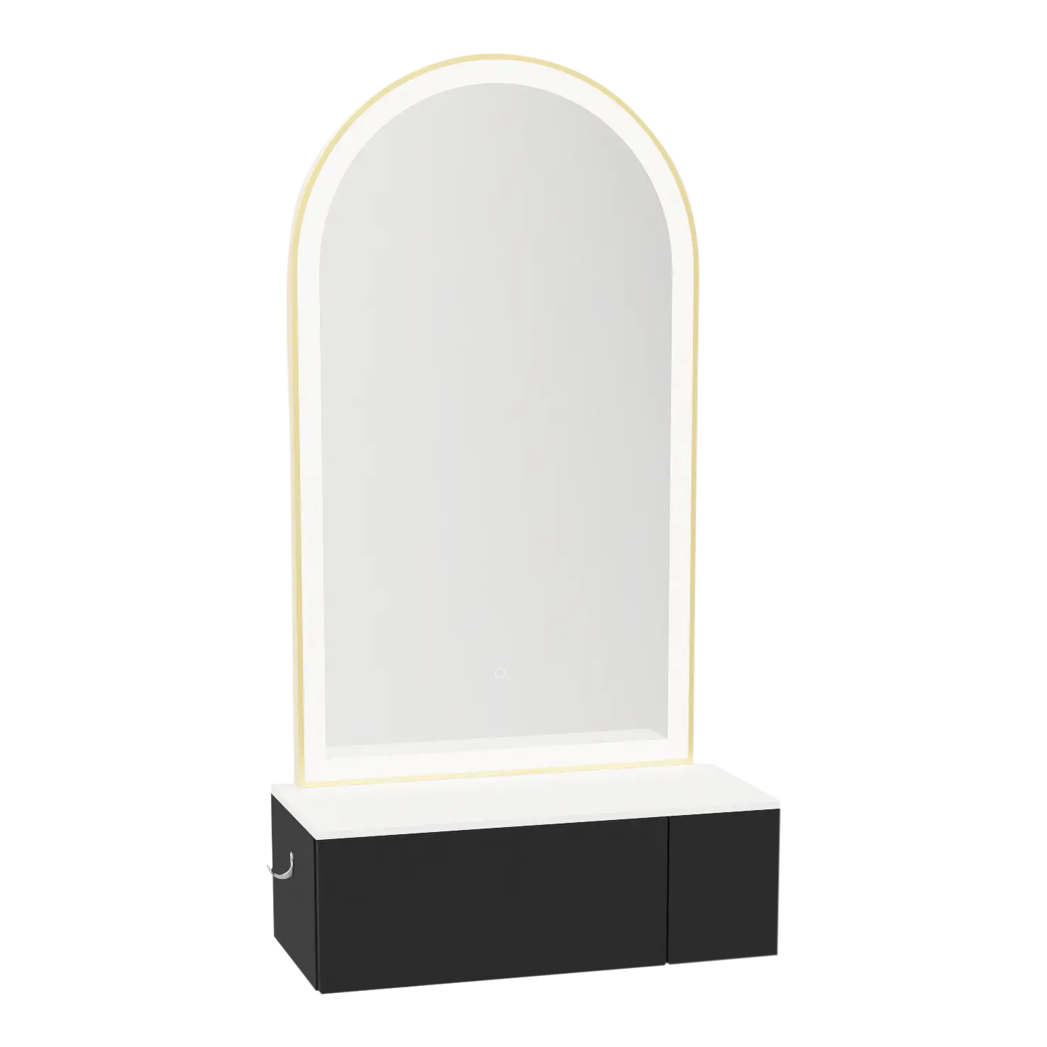 Glo Wall Mount Styling Station with Concealed Appliance Holder, Solid Surface Countertop, and Gold Arch Paloma Mirror