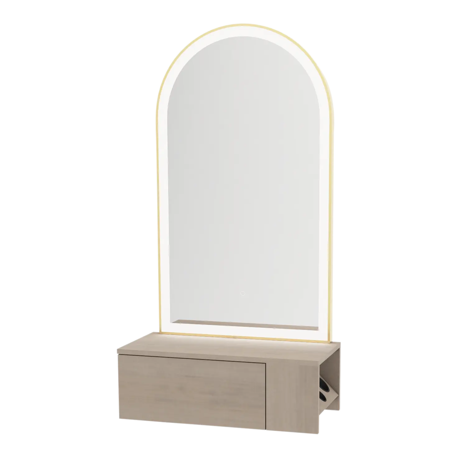 Glo Wall Mount Styling Station with Concealed Appliance Holder and Gold Arch Paloma Mirror