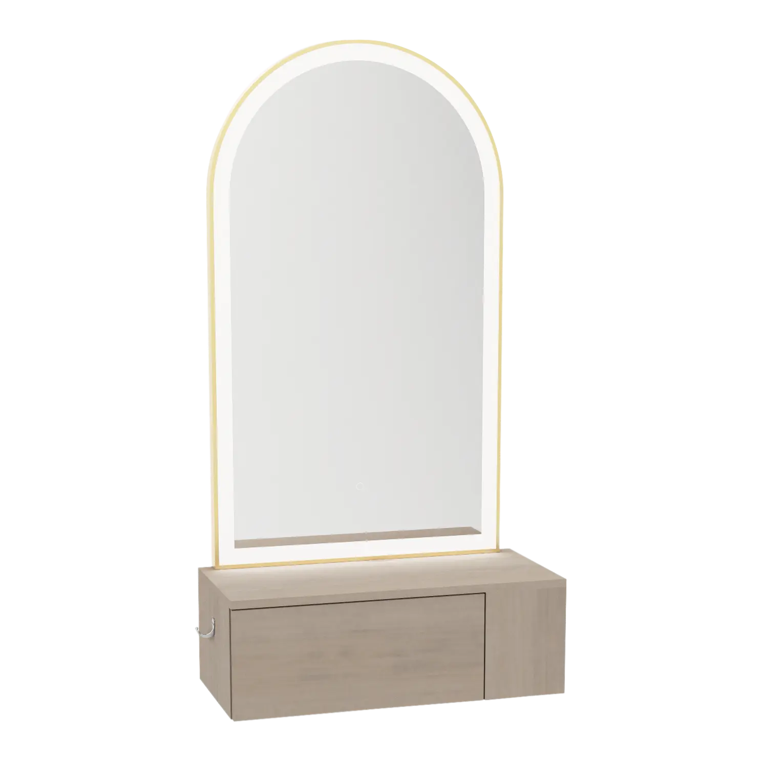 Glo Wall Mount Styling Station with Concealed Appliance Holder and Gold Arch Paloma Mirror