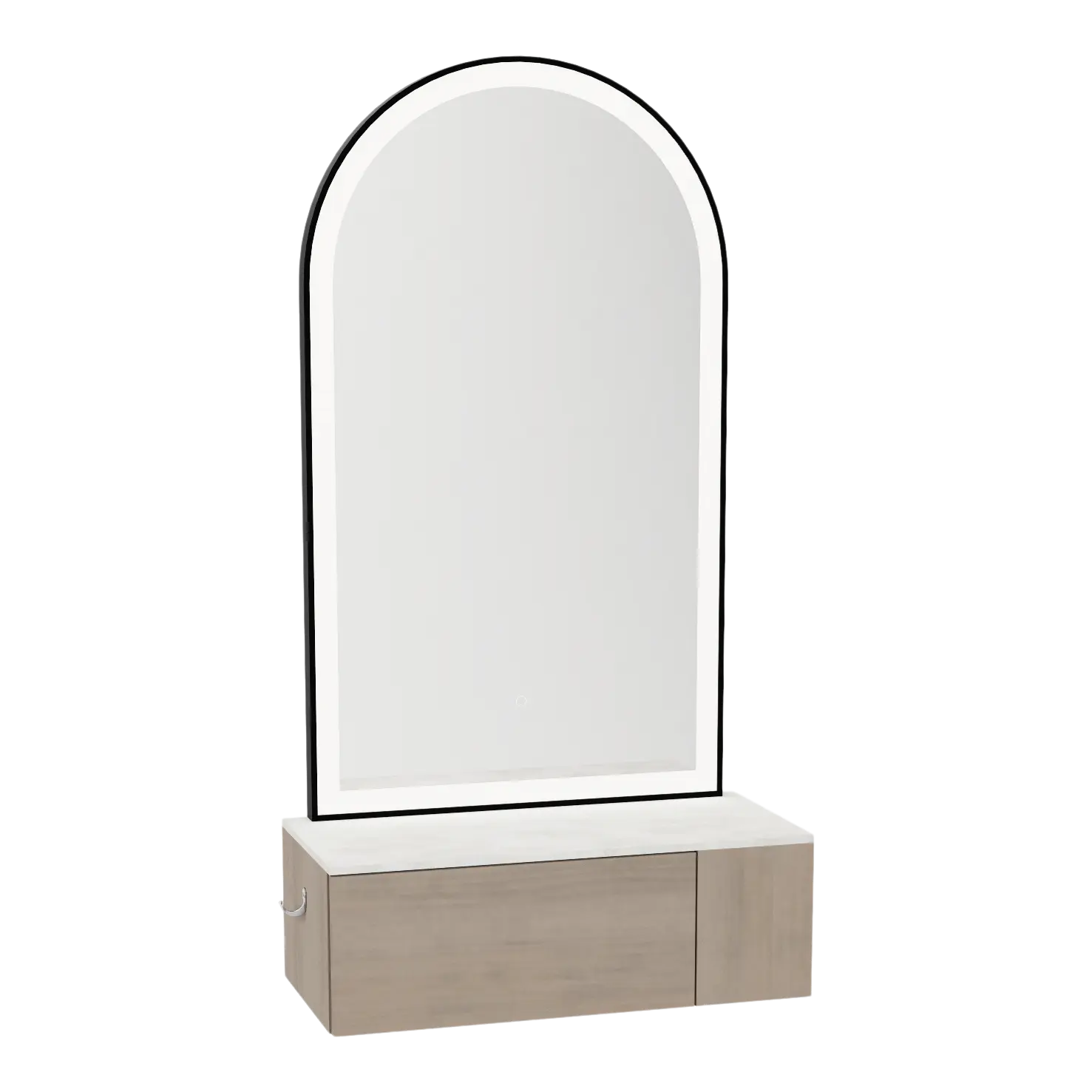 Glo Wall Mount Styling Station with Concealed Appliance Holder, Solid Surface Countertop, and Black Arch Paloma Mirror