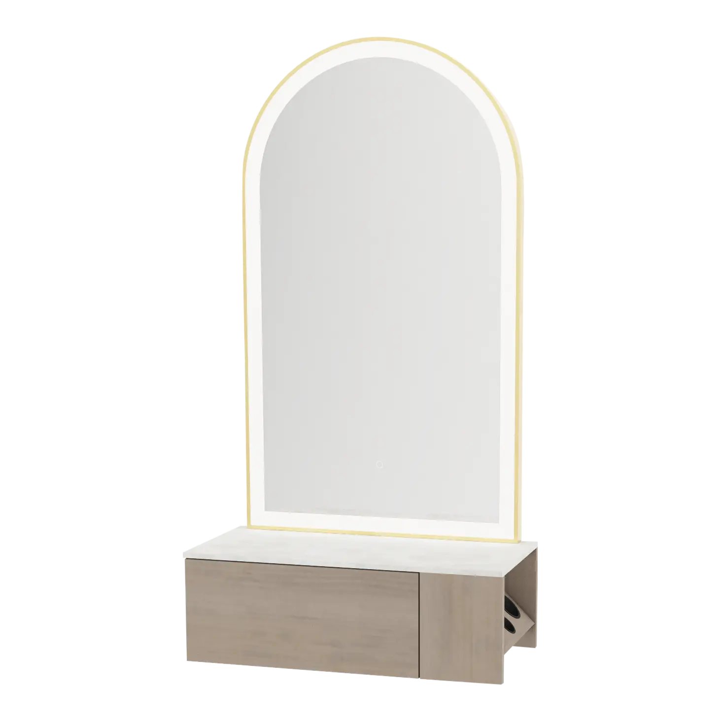 Glo Wall Mount Styling Station with Concealed Appliance Holder, Solid Surface Countertop, and Gold Arch Paloma Mirror