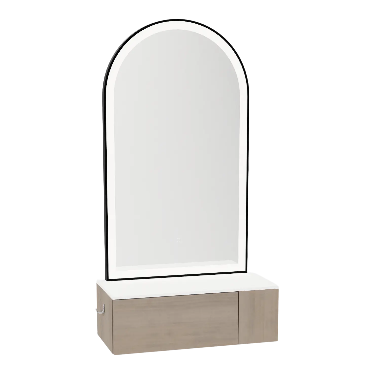 Glo Wall Mount Styling Station with Concealed Appliance Holder, Solid Surface Countertop, and Black Arch Paloma Mirror