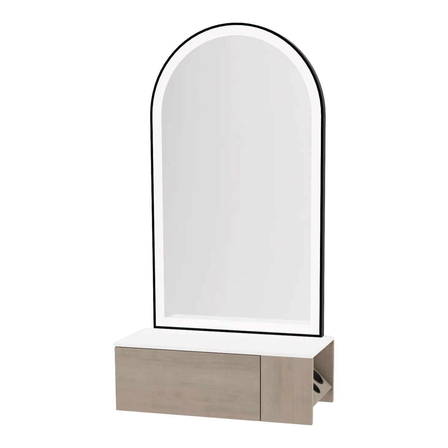 Glo Wall Mount Styling Station with Concealed Appliance Holder, Solid Surface Countertop, and Black Arch Paloma Mirror